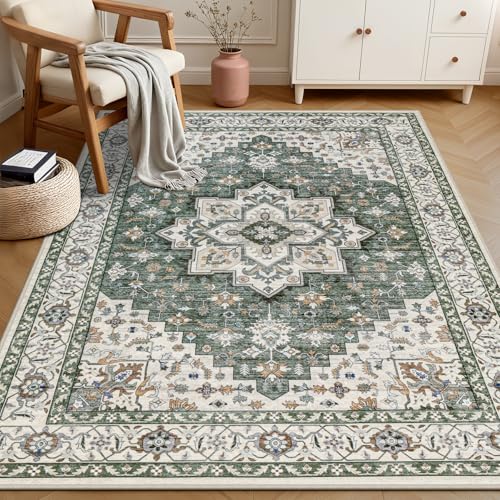 ExpediX Green Ivory 5' x 7' Washable Area Rug for Living Room & Bedroom