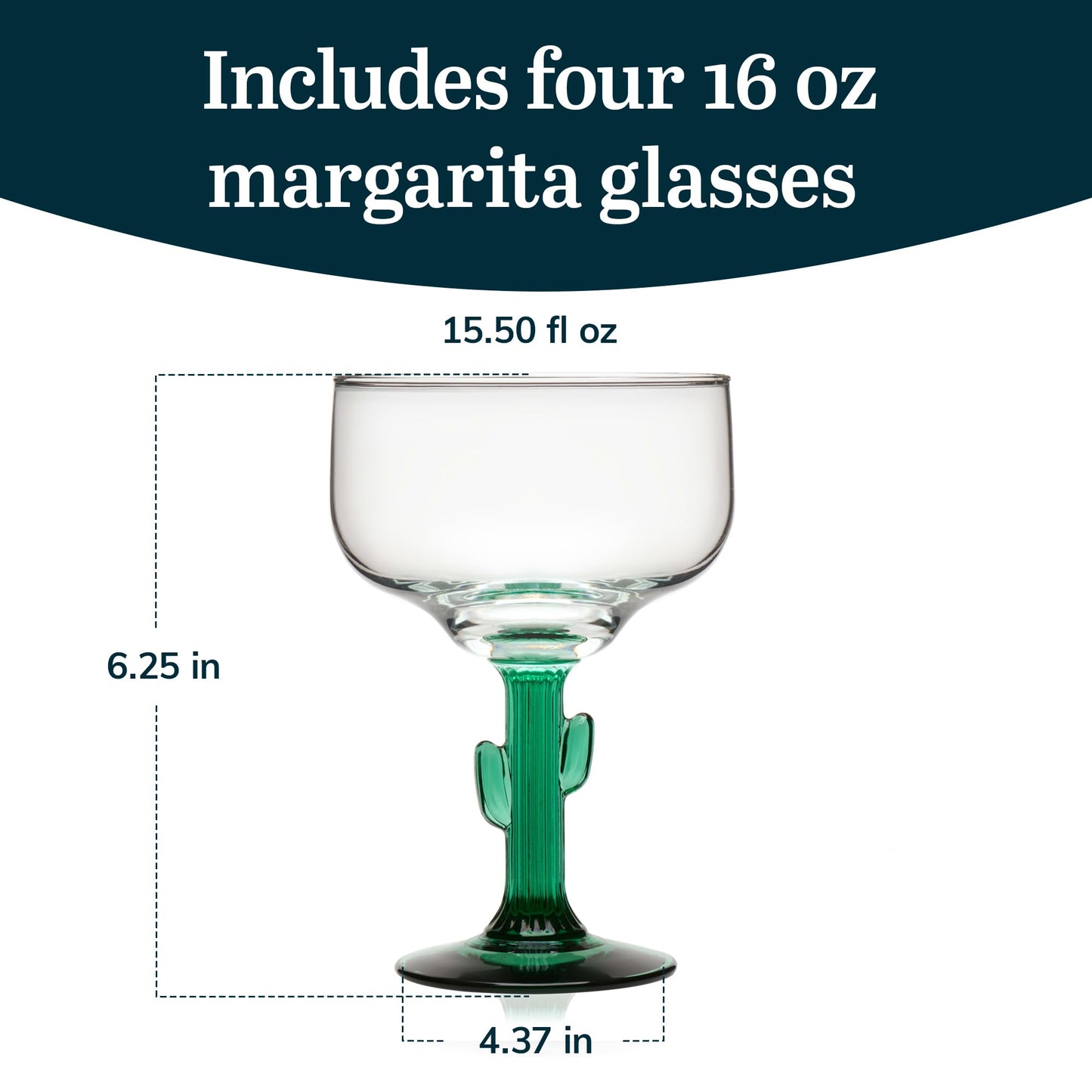 Libbey Cactus Margarita Glasses Set of 4, Durable Green Stemmed Cocktail Glasses, Lead-Free Cactus Glassware, Unique Plant Themed Frozen Margarita Glasses, 16-Ounce