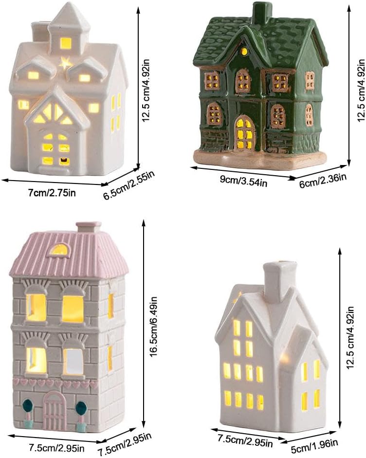 Skiennix Light Up Christmas Village House - White Ceramic Tabletop Decor for Winter Centerpiece (Green)