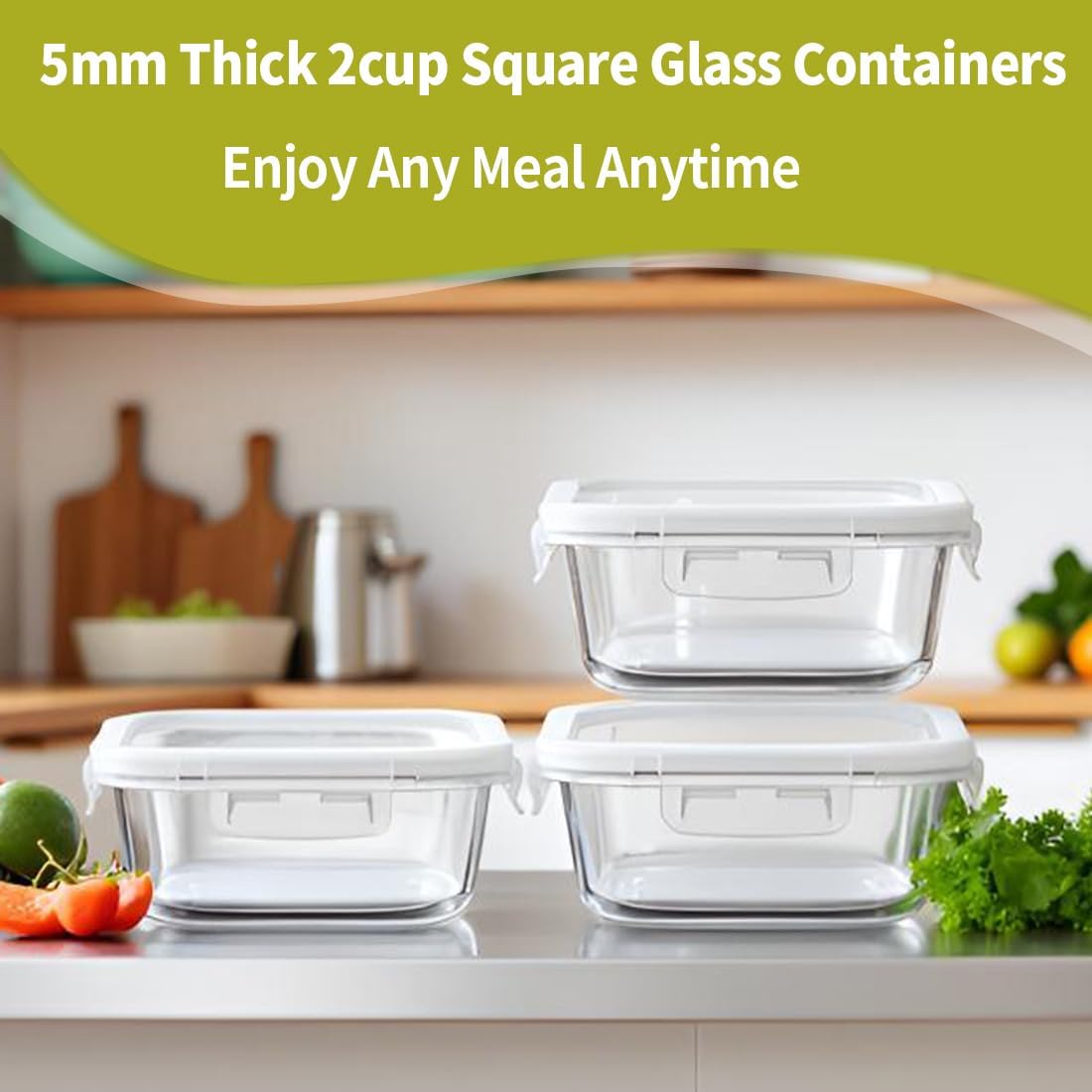 Skiennix 2-Cup Square Glass Food Storage Containers - Airtight, Leak-Proof, BPA-Free | Small 16oz Meal Prep Bowls