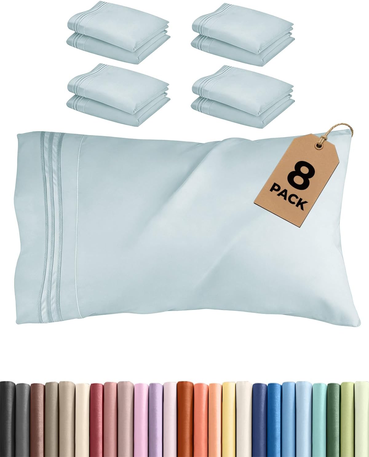 Skiennix Queen Pillow Cases Set of 8 - Ultra Soft Hotel Quality Covers - Wrinkle Free & Fade Resistant - Ice Blue