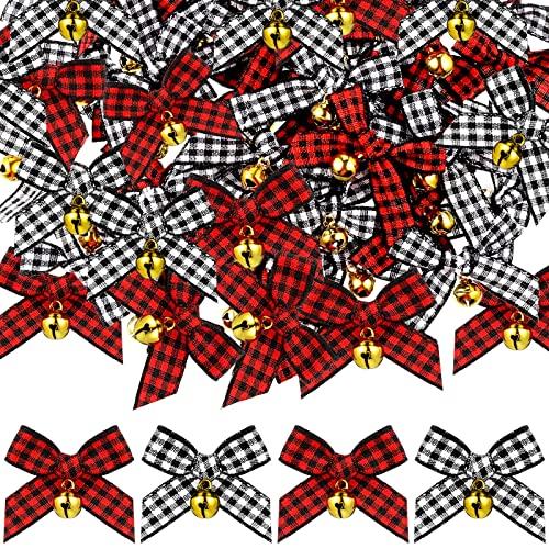 50 Pieces Christmas Bow with Bell Mini Plaid Buffalo Plaid Bow Gingham Xmas Bells for Christmas Tree Crafts Home Decoration DIY Making Ornament(Black and White, Red and Black)