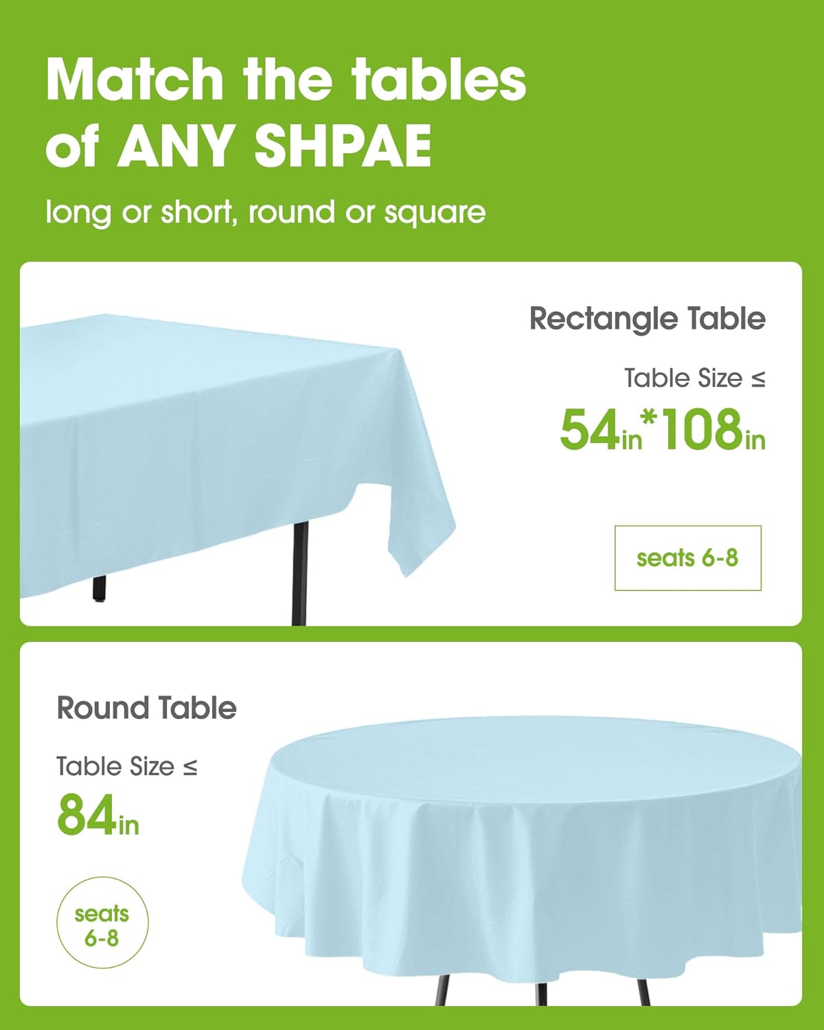 Pureegg Disposable Plastic Tablecloths - 8 Pack, Leakproof & Sturdy, 54 x 108 Inch, Baby Blue for Easter, Picnics & Weddings