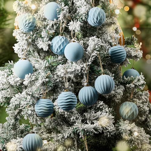 Bornerwhite 24 Pcs Dusty Blue Velvet Christmas Balls 3.15 Inch Flocked Holiday Ornaments