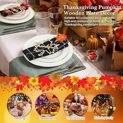 12 Pcs Thanksgiving Maple Leaf Pumpkin Wooden Plate Decor Grateful Wood Cutouts Fall Autumn Thankful Blessed Favour Gather Party Place Card Table Settings Signs for Farmhouse Dining Table