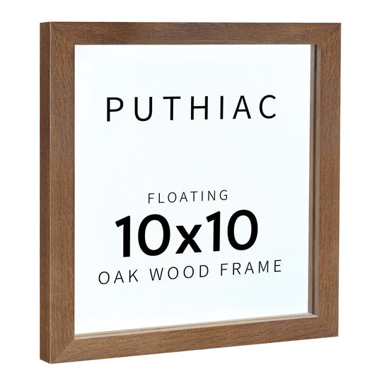 puthiac 10x10 Floating Picture Frames - 10"x10" Oak Wood Picture Frame, Double-Sided Floating Picture Frames 8x8,5x7,4x6, Dual High-Transparency Tempered Glass Wood Frame(Walnut, Set of 1)