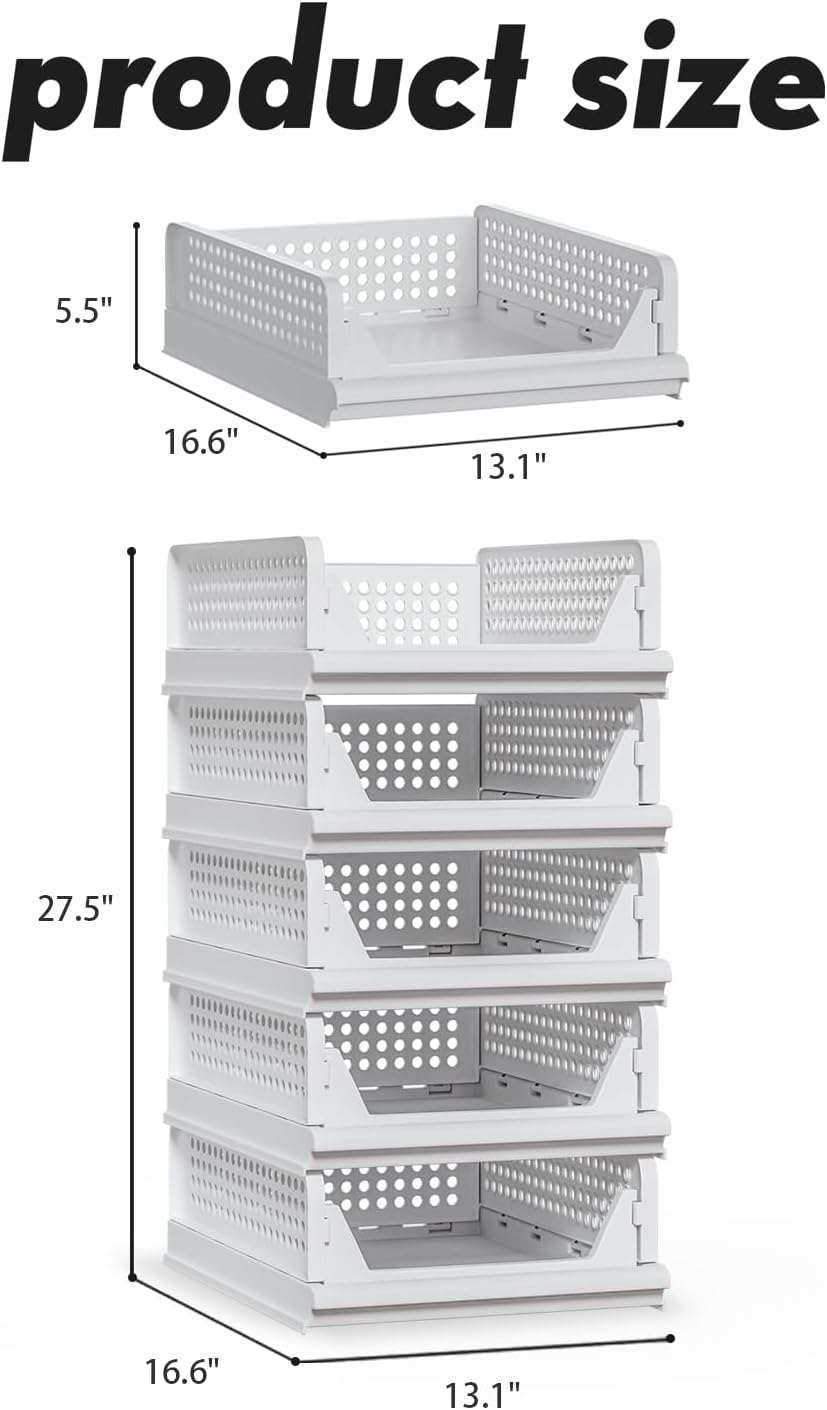 Proarea Stackable Storage Bins - 5 Pack Foldable Closet Organizers for Clothes | White Plastic Baskets