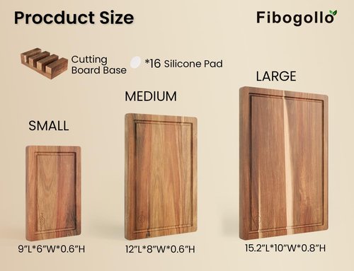 Fibogollo Acacia Wood Cutting Boards Set of 3 - Juice Groove, Serving Board & Holder for Meat, Vegetables, Fruit