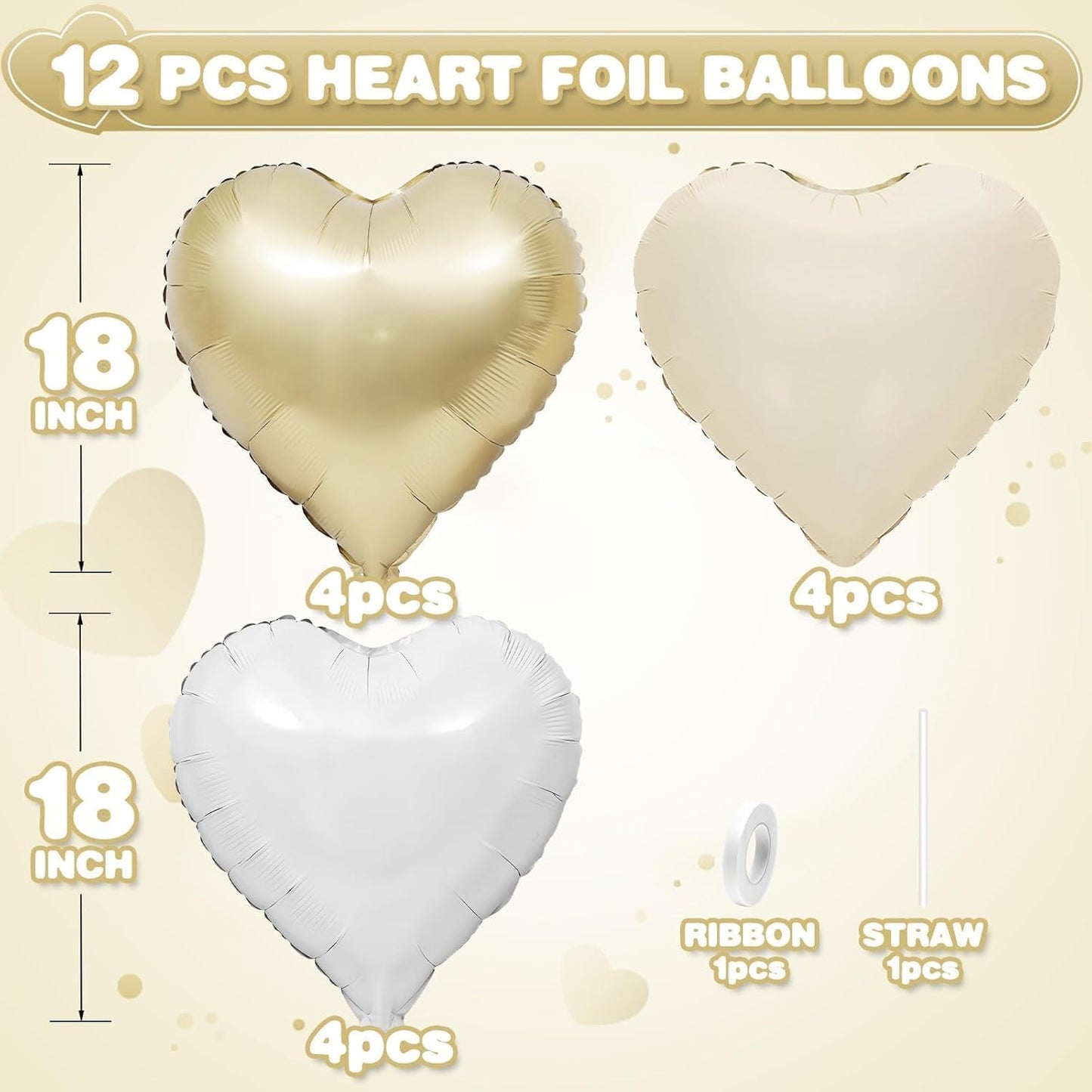 Skiennix Heart Balloons - 12 Pcs Cream White & Gold Foil Balloons | 18-Inch Beige Helium Decor for Baby Showers & Weddings