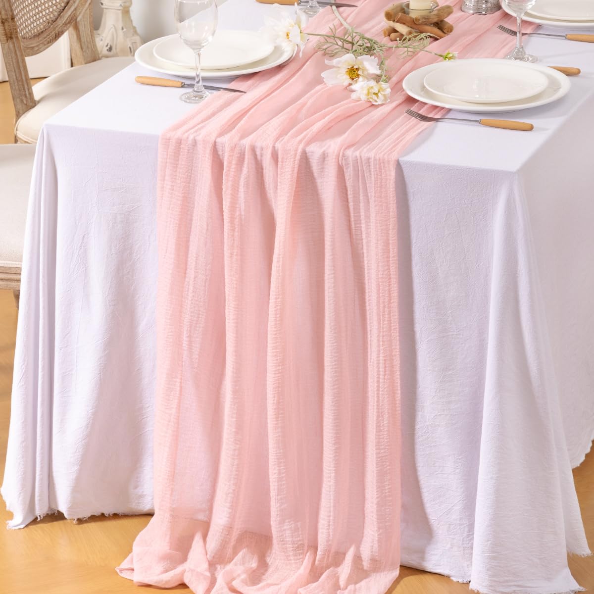 Santaben Blush Pink Cheese Cloth Table Runner Mother's Day Spring 120 Inch Soft Rustic Boho Gauze Cheesecloth Table Runner 10FT for Wedding Birthday Party Baby Shower Home Decoration