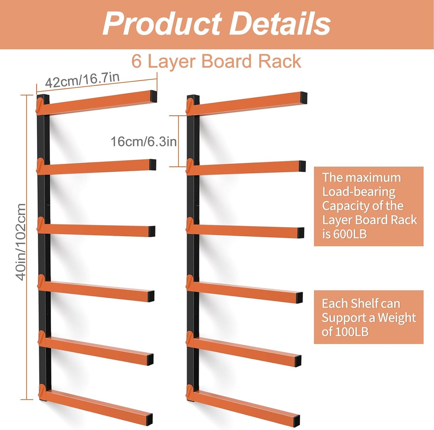 Nandae Heavy-Duty Wall Mount Lumber Storage Rack - 6 Levels for Workshop & Garage | Orange, 2 Pack