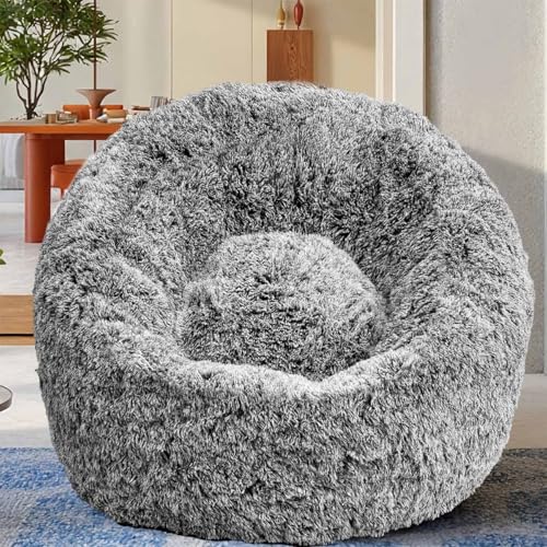 4 Foot Black Plush Faux Fur Bean Bag Chair with Memory Foam for Adults & Teens