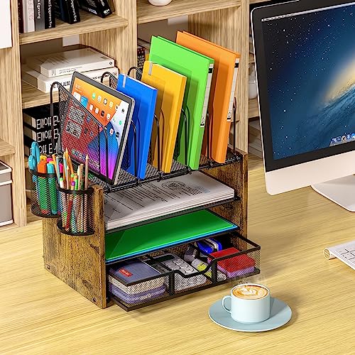 DAOUTIME 4-Tier Mesh Desk Organizer with Drawer and Pen Holders - Wooden Office Storage