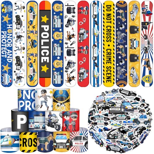 74PCS Party Favors - 24PCS Police Officer Slap Bracelets, 50PCS Stickers for Police Decorations, Kids Gifts, Classroom Rewards, Prizes, Carnival, Christmas