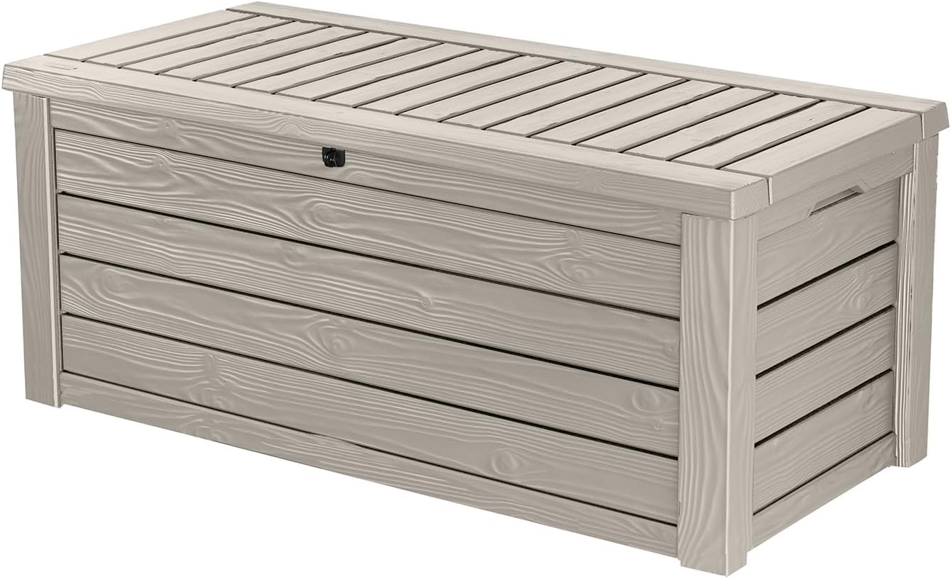 Keter Westwood 150 Gallon Outdoor Storage Box - Durable Resin for Patio Furniture & Garden Tools | Beige