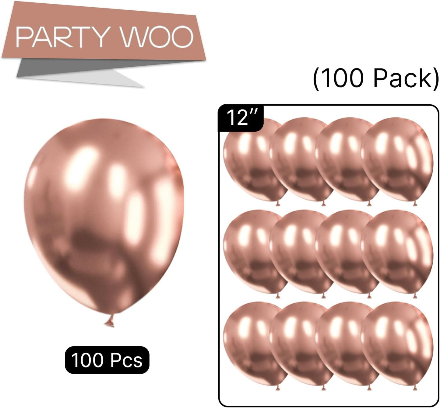 PartyWoo Rose Gold Balloons - 100pcs 12 Inch Metallic Chrome for Weddings & Celebrations