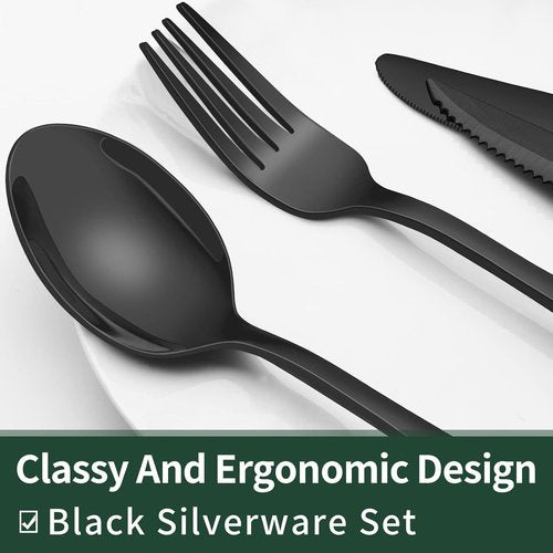 EWFEN 24-Piece Black Silverware Set - Food-Grade Stainless Steel Flatware for 4 with Steak Knives