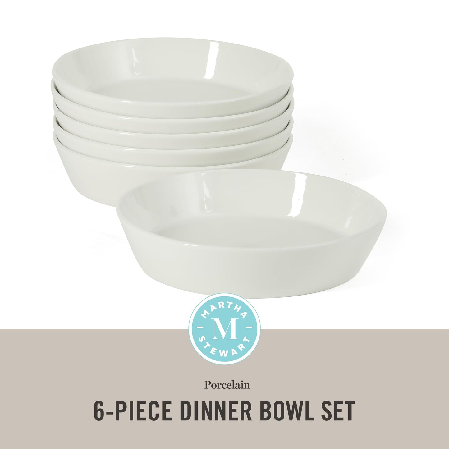Martha Stewart Selma Pasta Bowls Set of 6, 43oz White Porcelain Soup Bowls & Salad Bowl, Wide and Shallow, Chip Resistant, Dishwasher & Microwave Safe