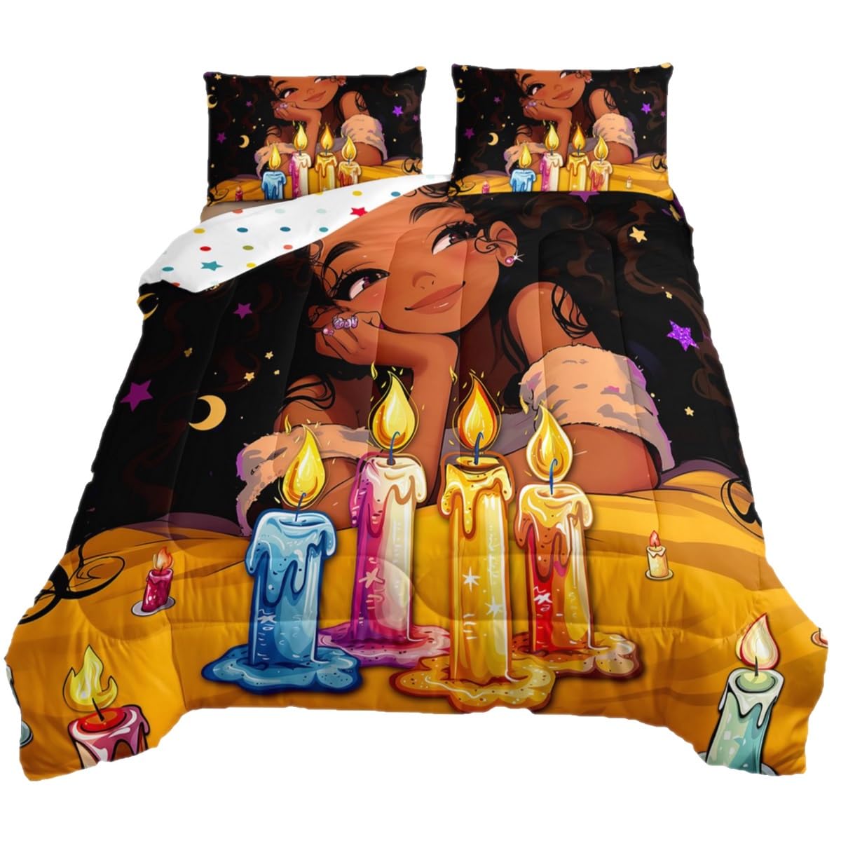 Afro-American Girl King Comforter Set for Little Girl,Afro Kid Princess Melanin Bedding Comforter Sets,Toddlers American Black Girls Quilt for Girls Bedroom,Happy Birthday Candle Gift