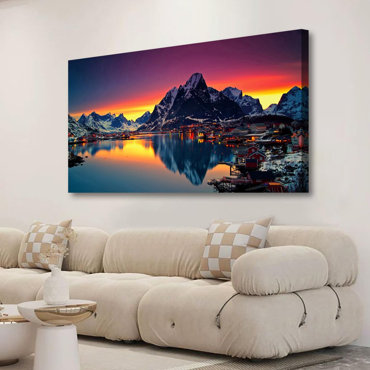 Lofoten Islands Norway Canvas Wall Art - 40"x20" Snowy Mountain Fjord Village Sunset Landscape Print, Waterproof Modern Wall Decor for Living Room Bedroom Office, Ready to Hang
