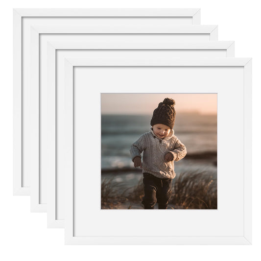KINLINK 12x12 Picture Frames White, Square Photo Frames with Plexiglass for Picture 8x8 with Mat or 12x12 without Mat, Composite Wood Picture Frames for Top and Wall Mounting, Set of 4