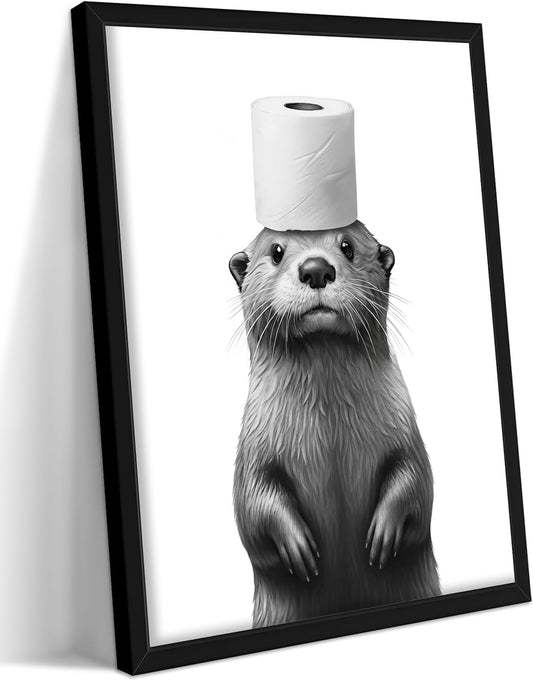 Skiennix Funny Bathroom Wall Art - Cute Otter Holding Toilet Paper | Black & White Canvas Print 8x10 Inch