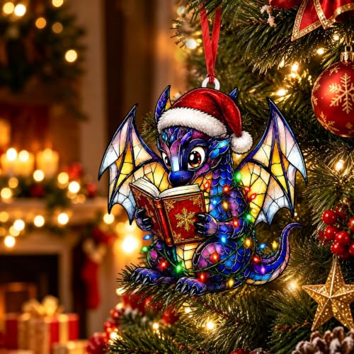 Joyline Christmas Dragon Ornament with Santa Hat - Acrylic Hanging Decor, Book Lover Gift