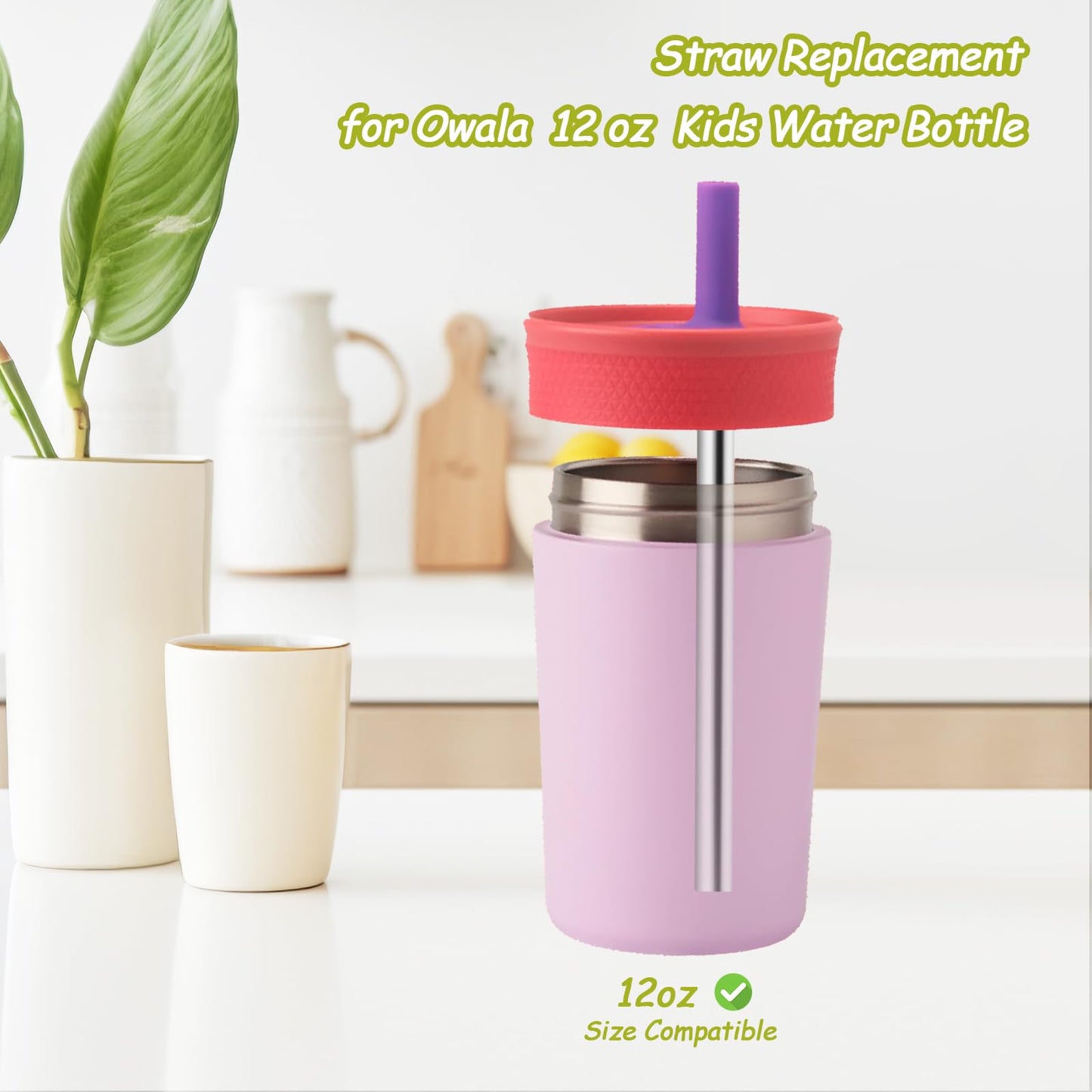 Metal Straw Replacement Compatible With Owala Kids Tumbler Cup 12oz & 15oz, Stainless Steel Straws for Owala Kids Water Bottle Accessories, With 2 Straw Cleaner, Reusable - 4Pcs
