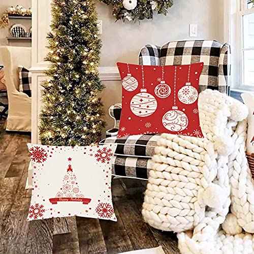 Hlonon Christmas Throw Pillow Covers Set of 4 Winter Decorative Rustic Pillowcase for Holiday Decorations Christmas Home Sofa Couch Decor, Red & Cream White (20 x 20 Inches)