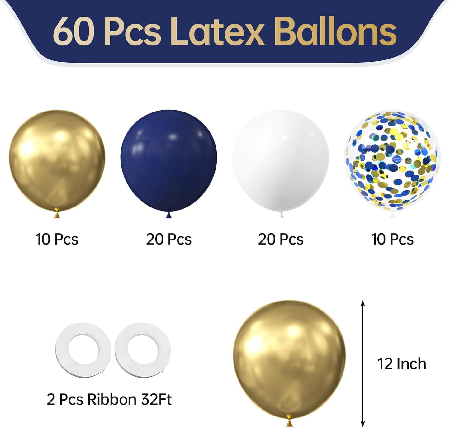 KALOR 12-Inch Navy Blue & Gold Confetti Balloons - 60 Pcs Metallic Latex for Parties & Celebrations