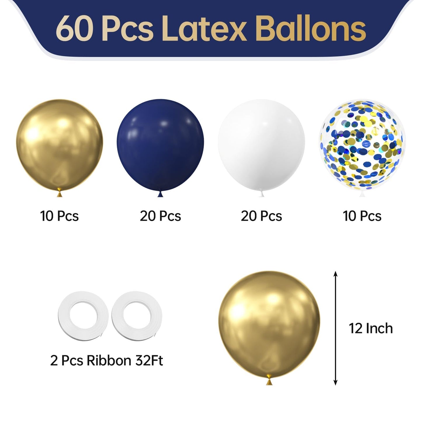 KALOR Navy Blue White and Blue Gold Confetti Balloons, 60 Pcs 12 Inch Metallic Gold Latex Balloons for Birthday Wedding Baby Shower Anniversary Baby Shower New Year Party Decorations