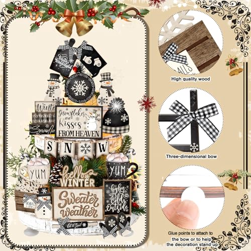 23 Pcs Christmas Tiered Tray Decor Snowman Farmhouse Decor Christmas Sign Winter Table Centerpieces Winter Wood Blocks Signs for Home Shelf, Without Tray (Black, White,Snow)