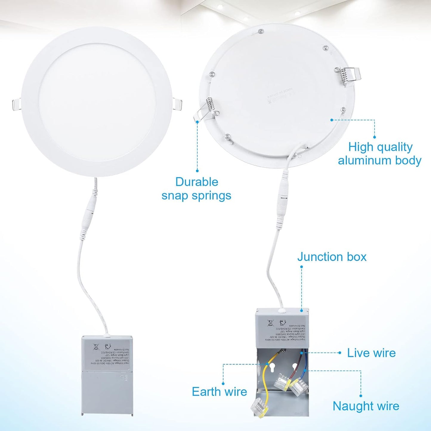 ESBAYBULBS 7" Ultra-Thin LED Recessed Ceiling Light with Junction Box, 6000K Cool White 18W LED Panel Can Light 1500LM High Brightness Easy Installation (6 Pack)