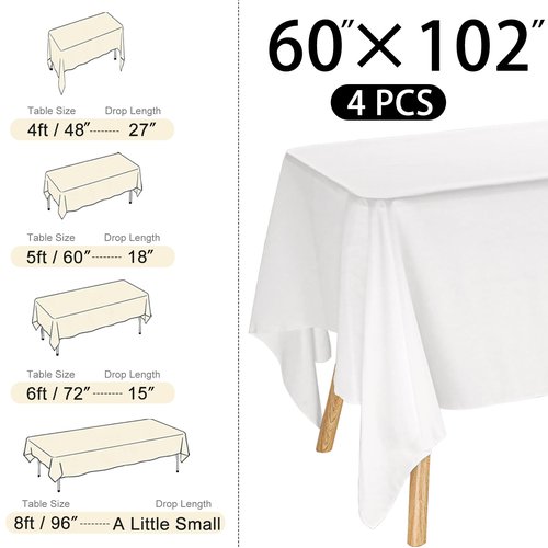 JALANCY 4 Pack Rectangle Tablecloth 60x102 Inch White Washable Polyester Table Cover for Wedding Dining Table Buffet Parties Banquet Decoration（White）