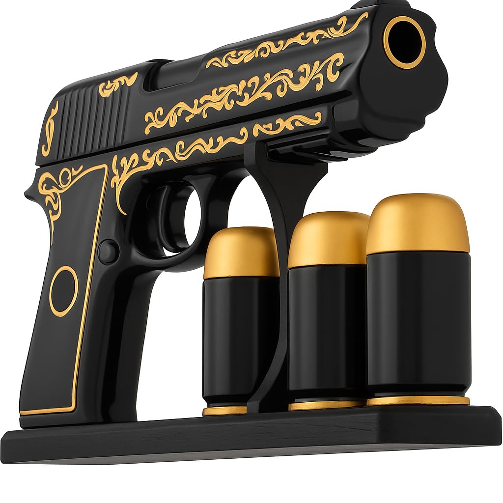 Gifts for Men Dad Hand Painted Gun Whiskey Decanter Set & Shot Glass - Black & Gold & 3 Bullet Shots - Unique Birthday Christmas Gift for Brother, Cool Anniversary Present Him Husband, Pistol Liquor
