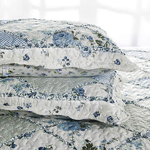Oversized King Quilt Set Blue Floral Patchwork Alaska King Bedspread - VIVILINEN