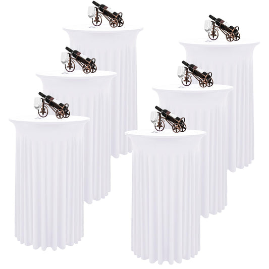 REWOMC 6 Packs Round Cocktail Table Skirt 24"x 43" Spandex Stretch Cocktail Tablecloth with Wavy Drapes, White Spandex Fitted High Top Table Covers for Wedding Bar Party Birthday Banquet Tables