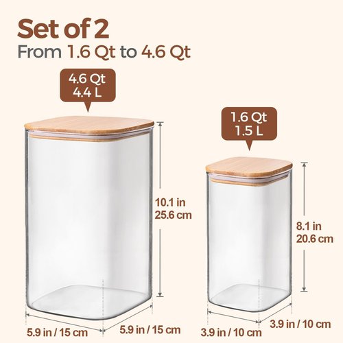 ComSaf Glass Pantry Storage Containers - Airtight 4.6Qt & 1.6Qt Square Jars with Bamboo Lids | Ideal for Flour, Sugar, Rice, and More
