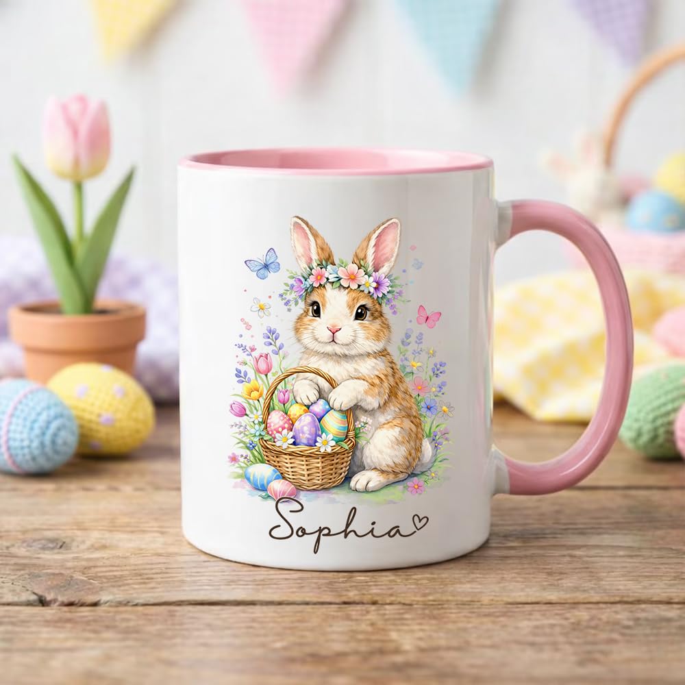 Personalized Easter Bunny Coffee Mug, Cute Bunny with Colorful Eggs Basket Ceramic Cup, Custom Spring Gift for Boys Girls, Adorable Rabbit Mug for Family Children Gift Idea 11oz 15oz/Idea4