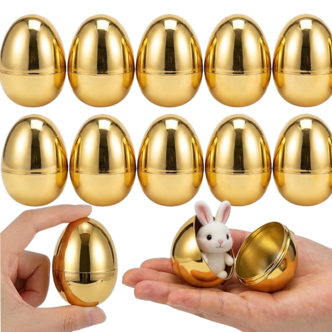 Kiddokids 12PCS Gold Easter Eggs, Metallic Plastic Empty Golden Eggs Fillable for Easter Eggs Hunt, Classroom Prize Supplies, Toys Filling Treats and Party Favors, Basket Stuffers Fillers