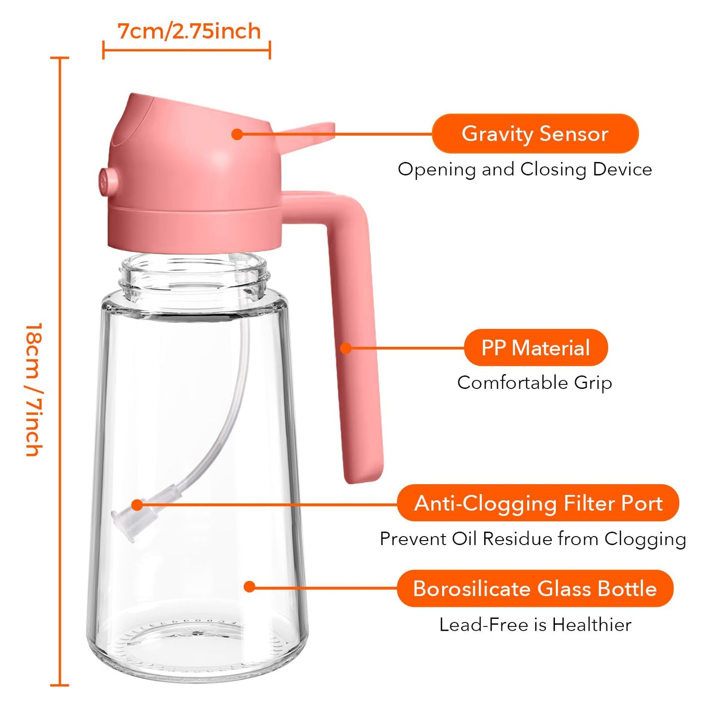 YARRAMATE 16oz/470ml Oil Sprayer for Cooking with Stickers, Food-grade Premium 2 in 1 Olive Oil Dispenser Bottle for Kitchen Gadgets, Air Fryer, Salad, Frying, BBQ (Pink)