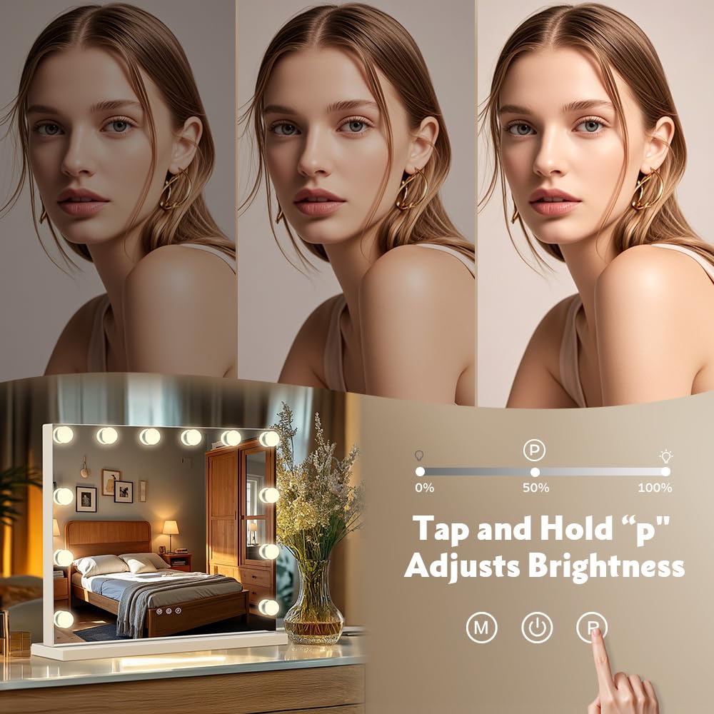 M MIVONDA Vanity Makeup Mirror with Lights: Hollywood Mirror with 15LED Bulbs - Large 23”x19” Desk Mirror for Wall, Dimmable 3 Lighting Modes, Plug-in and USB Charger Port, White