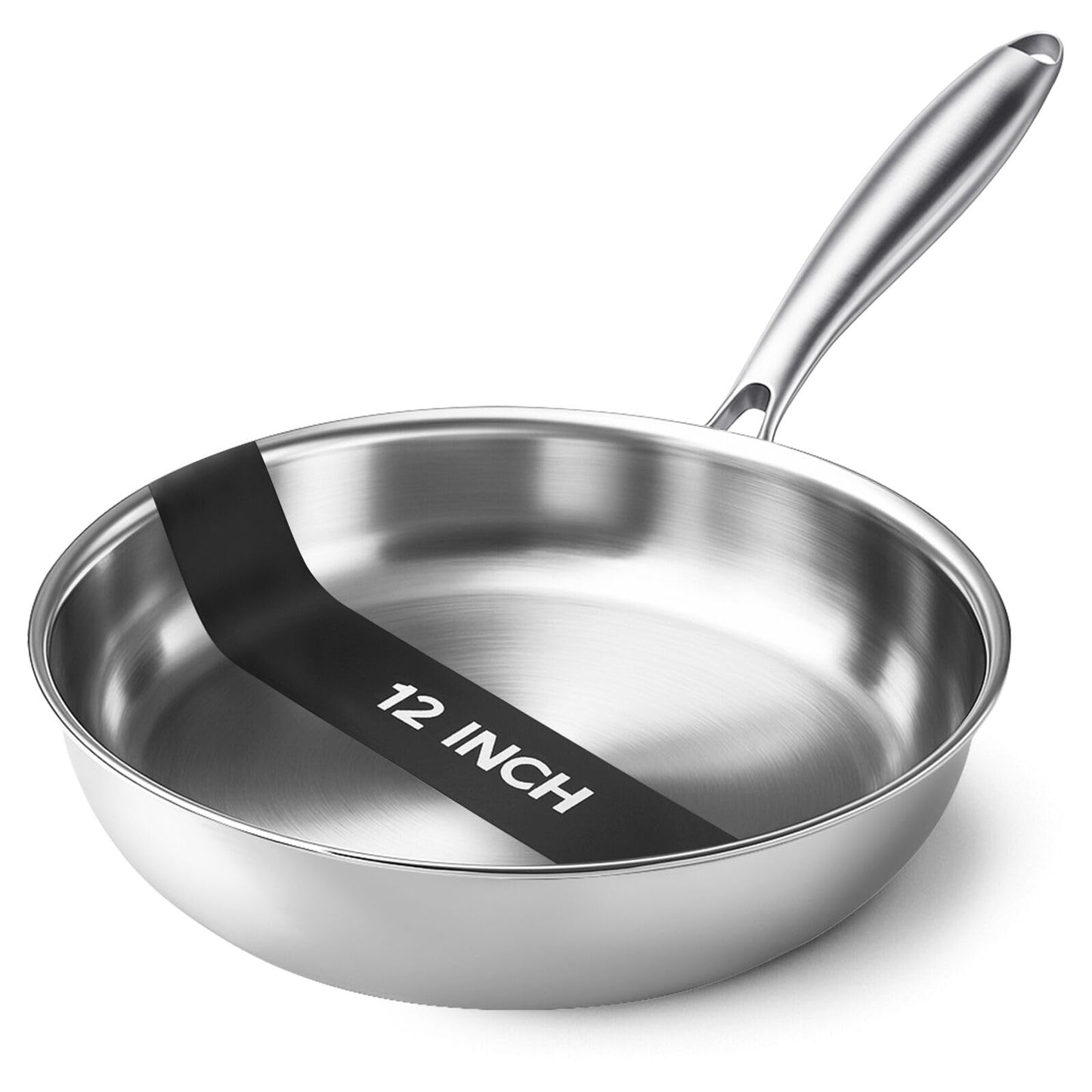 Kirecoo Tri-Ply Stainless Steel Pan - 12 Inch Frying Pan, Fast and Even Heat Stainless Steel Skillet, Induction Cookware, Dishwasher and Oven Safe Skillet