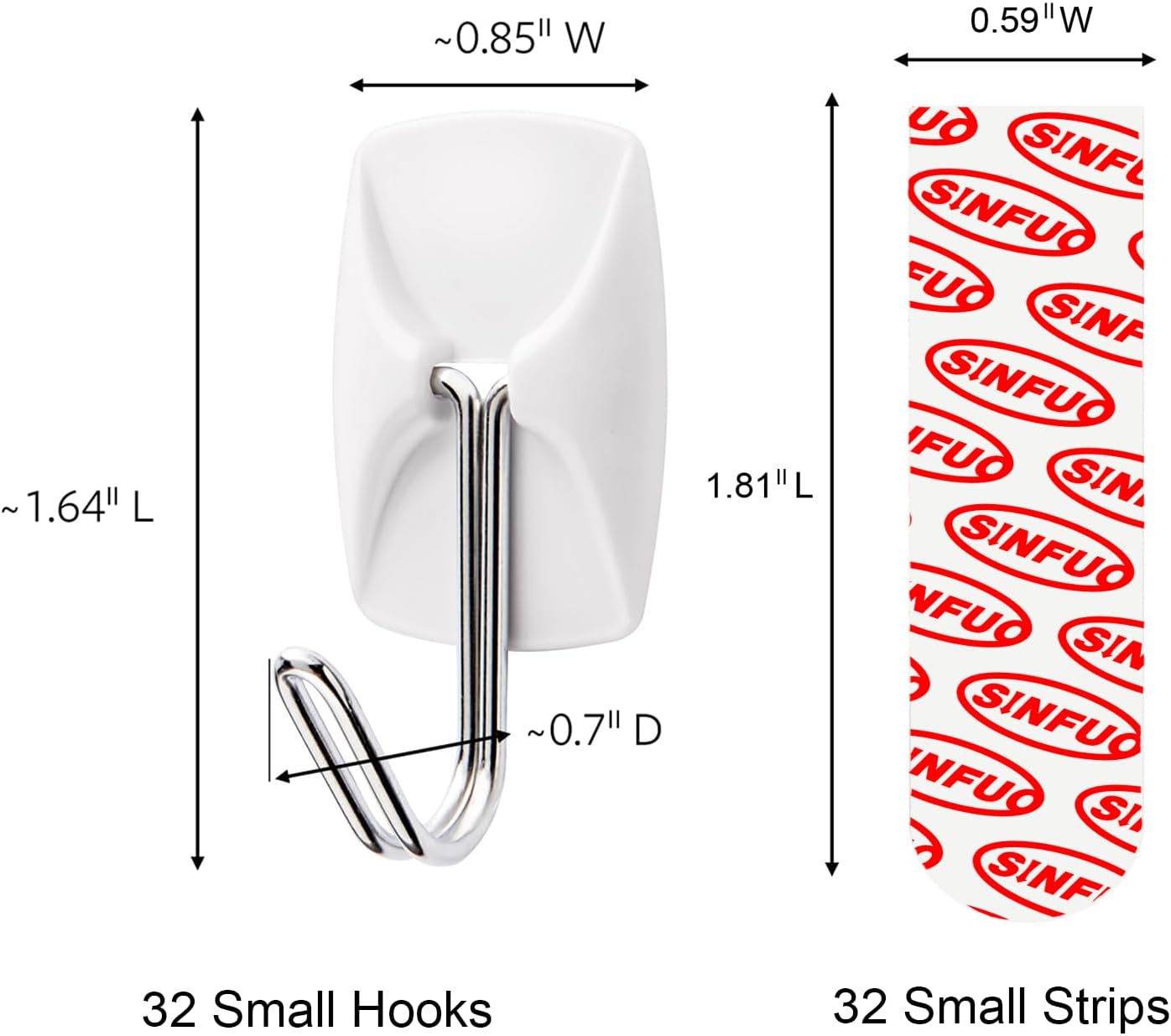 Sinfuo Heavy-Duty Wall Hooks - 32 Small Wire Hooks with 36 Damage-Free Adhesive Strips for Keys & Coats
