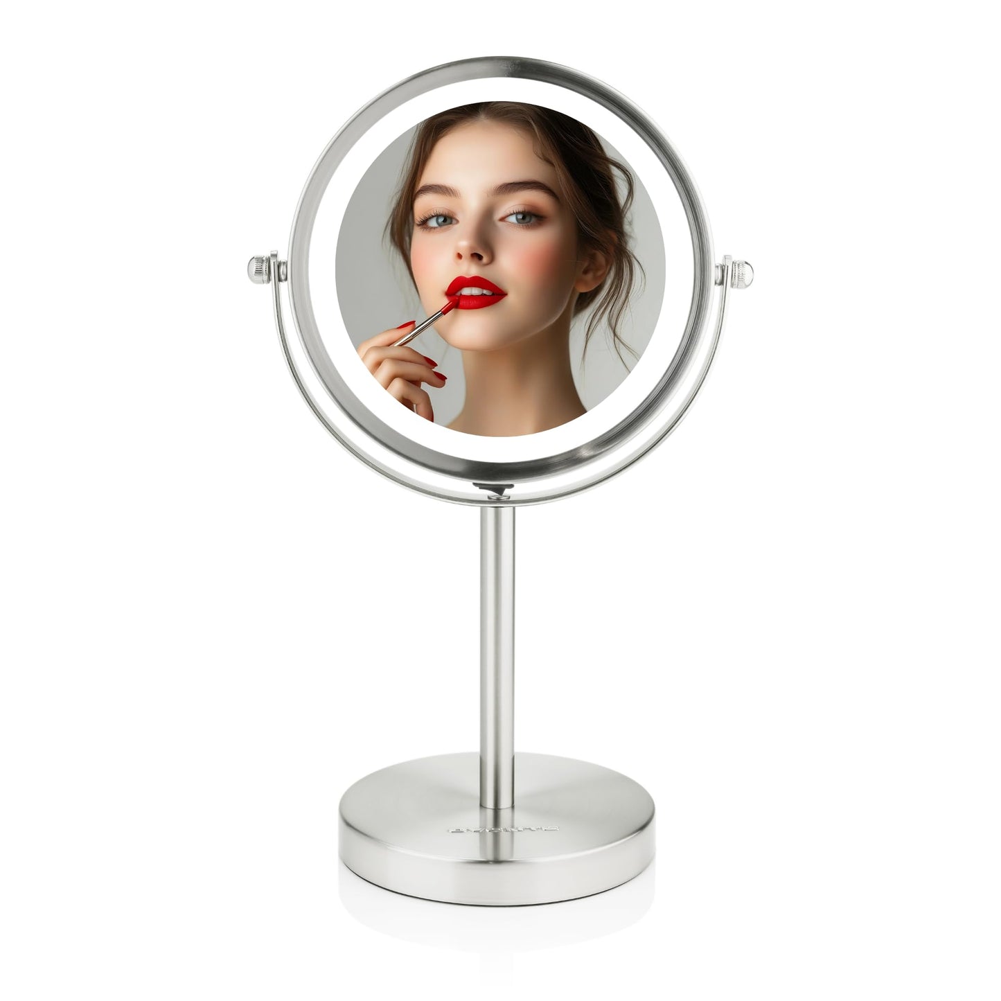 OVENTE 6" Lighted Makeup Mirror with 1X/7X Magnification, Cordless Tabletop Mount Vanity Round Mirror with 360° Swivel Design and Double Sided Cool Tone LED Ring Light, Nickel Brushed MLT60BR1X7X