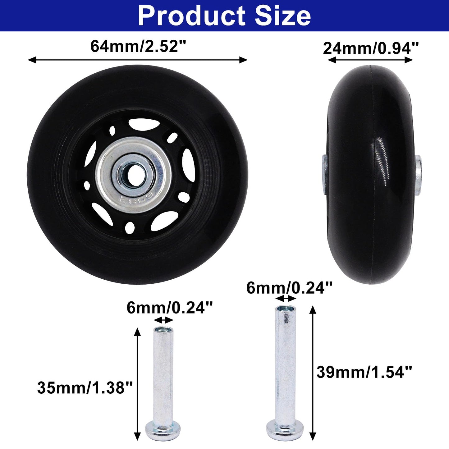 S SYDIEN 64mm x 24mm Luggage Suitcase Replacement Wheels, Black Inline Skate Wheels, Silent PU Caster Wheel Bearings Repair Kit for Trolley Carry-on Roller Travel Bag, 2 Pack