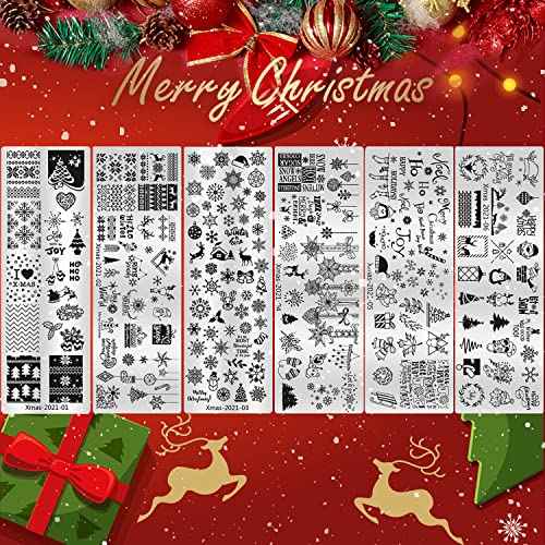 6Pcs Christmas Nail Stamping Plates Winter Snowflake Snowman Nail Stamper Template Kit Xmas Christmas Tree Elk Design Nail Decorations Supplies