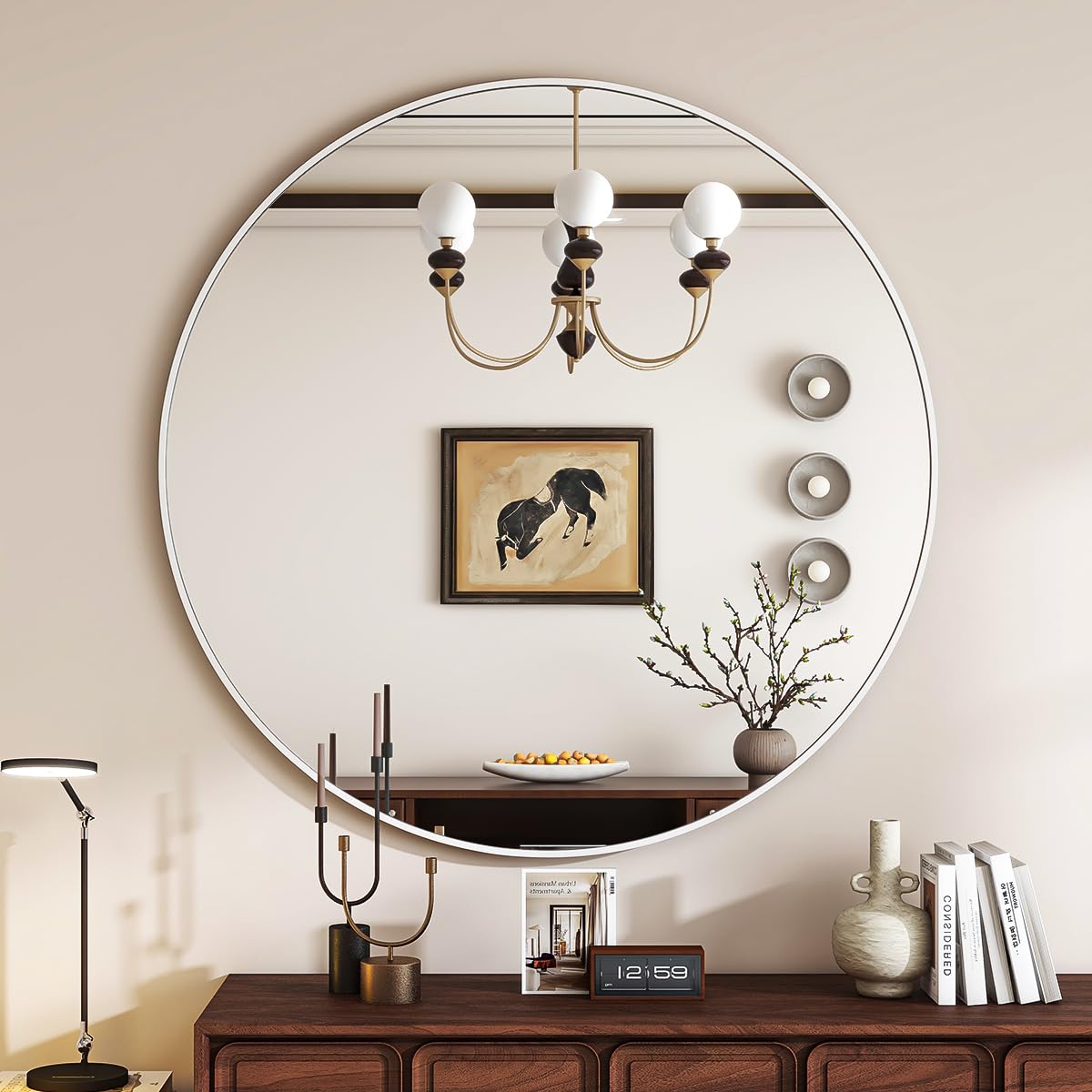 VETROVUE White Round Mirror, 30 Inch Bathroom Mirror with Metal Frame, Wall Wall-Mounted for Entryway, Bathroom, Vanity, Living Room