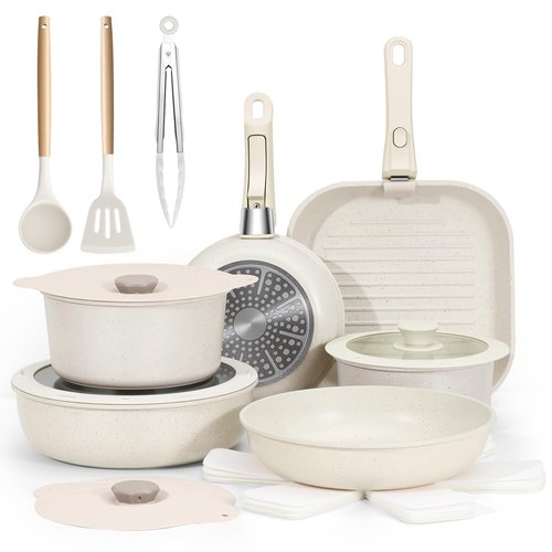 DENENTT Nonstick Ceramic Cookware Set 20-Piece - Pots and Pans Set with Detachable Handle - RV Stackable Kitchen Cooking Set, Induction/Dishwasher/Oven Safe, with Frying, Cream White