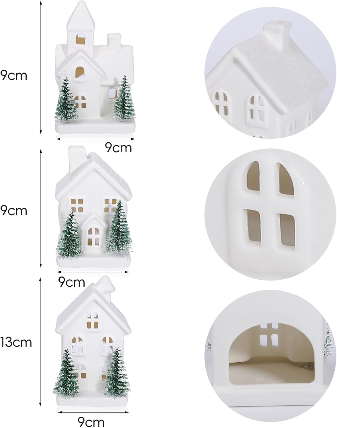Regine Switzerland Christmas Village Set - 3 Lighted Ceramic Houses with Trees | Rustic White Holiday Decor for Home